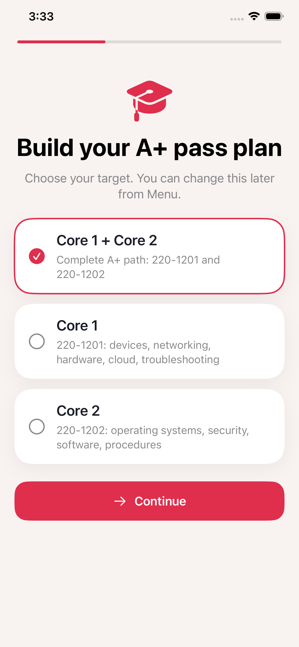 CompTIA A+ Focus Lab pass-plan setup screen