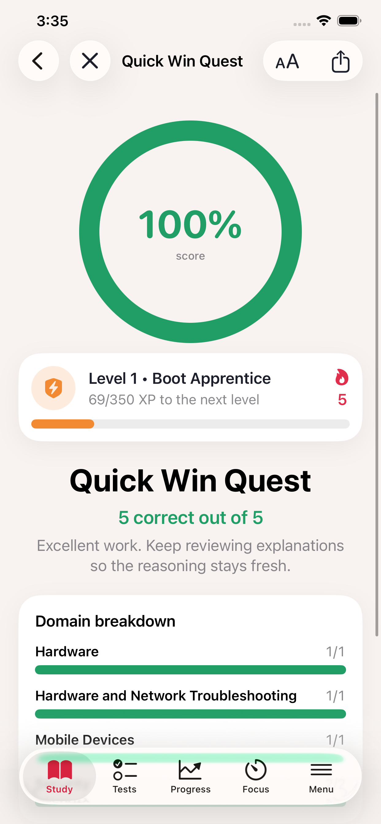 CompTIA A+ Focus Lab Quick Win Quest results