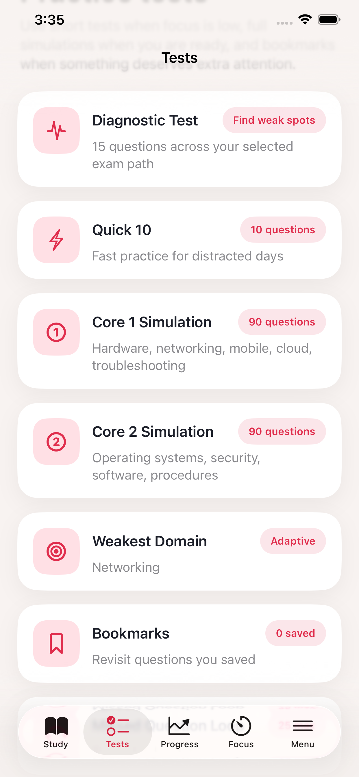 CompTIA A+ Focus Lab test and practice options